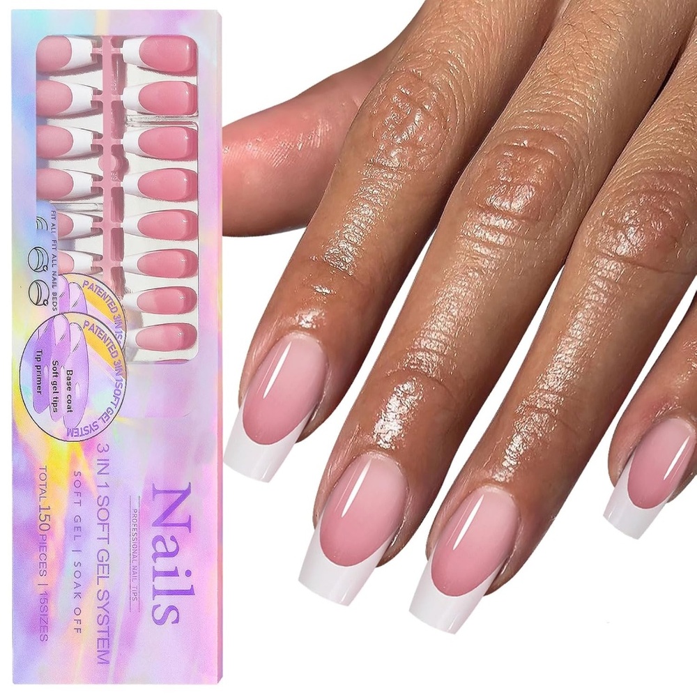 French Tip Pink And White Medium Coffin Press On Nails